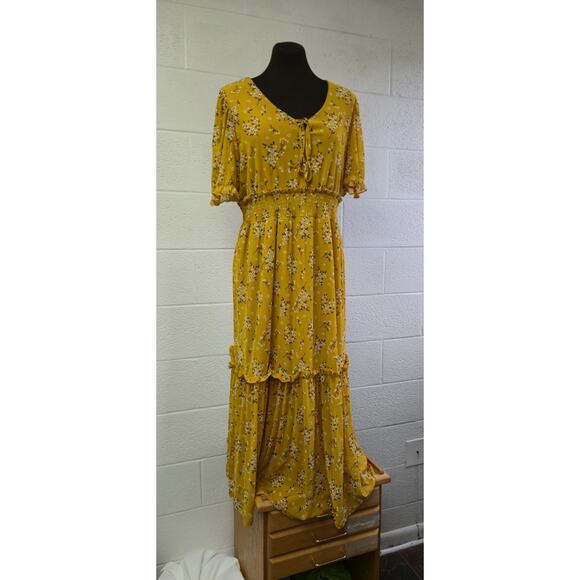 Sirenlily 3/4 Sleeve Maxi Floral Dress XL Yellow Lined Smocked Waist Tiered - Picture 2 of 7